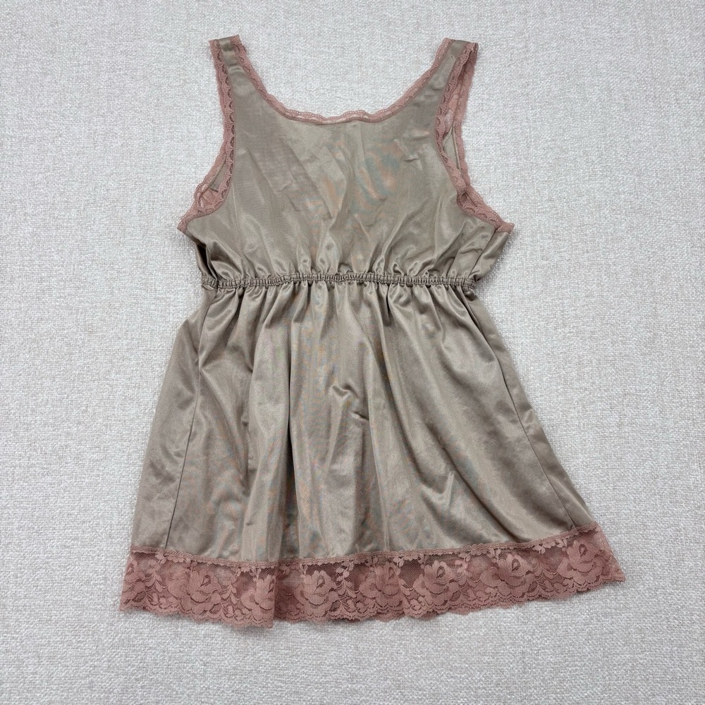 Vintage babydoll lace lingerie Bow tank top Sz Medium taupe pink pullover - Picture 2 of 7